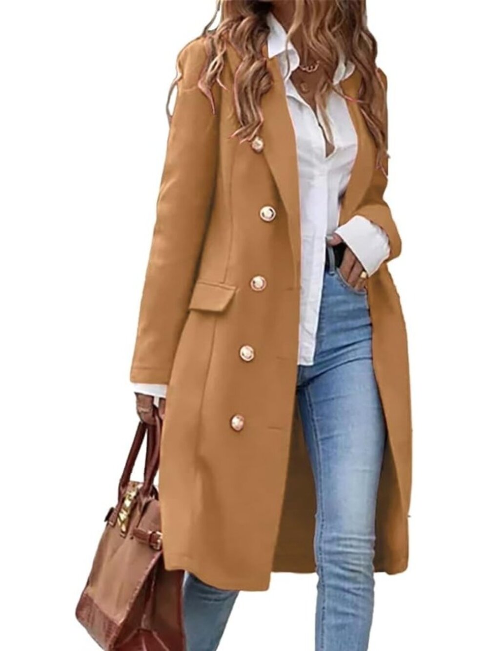 Women's Camel Notch Collar Long Sleeve Fall Double Breasted Winter Trench Coats